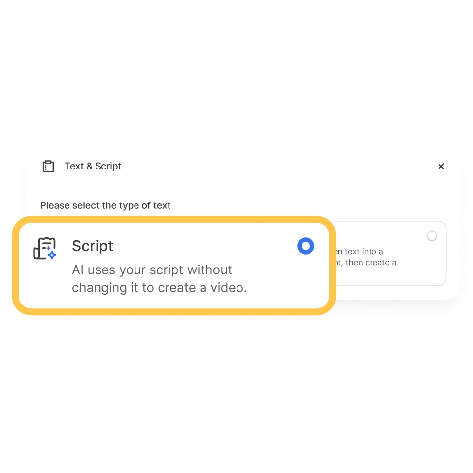 AI video generator script mode uses your script as-is to create a video with matching visuals and voiceover.